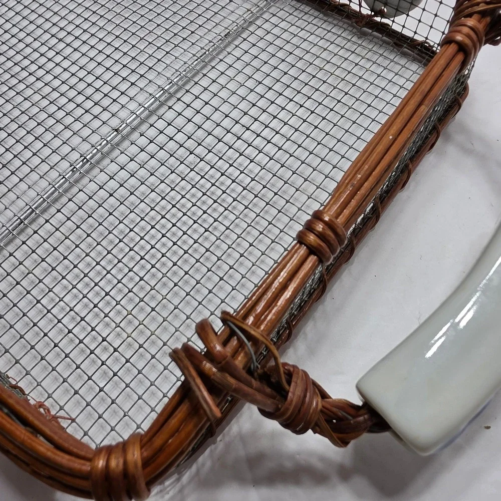 Vintage Rustic Wire Mesh Basket Tray Wicker Rim Ceramic Heart Handles Farmhouse